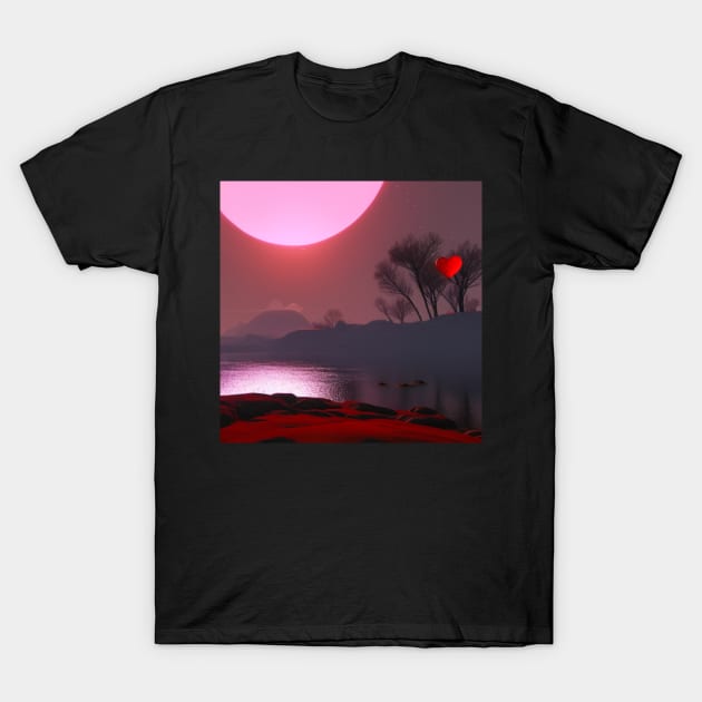 Valentine Wall Art - My heart waiting for sunset - Unique Valentine Fantasy Planet Landsape - Photo print, canvas, artboard print, Canvas Print and T shirt T-Shirt by DigillusionStudio